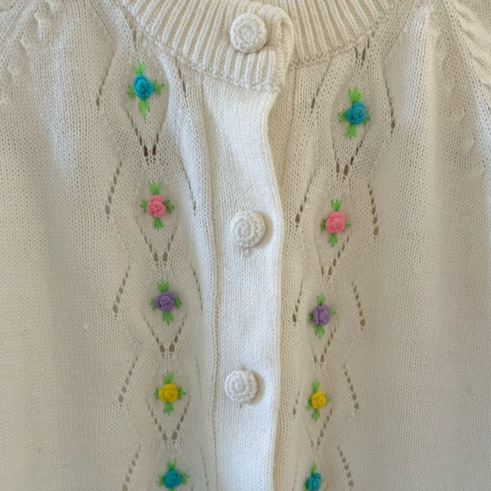 Vintage 1970s Embroidered Floral Knit Grannycore Cardigan Sweater, Button Front - Picture 9 of 17